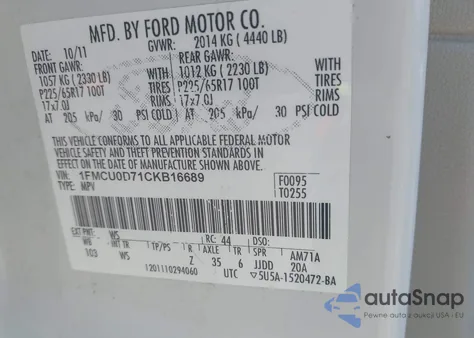 2012 Ford Escape Xlt z USA, uszkodzony, nr VIN 1FMCU0D71CKB16689